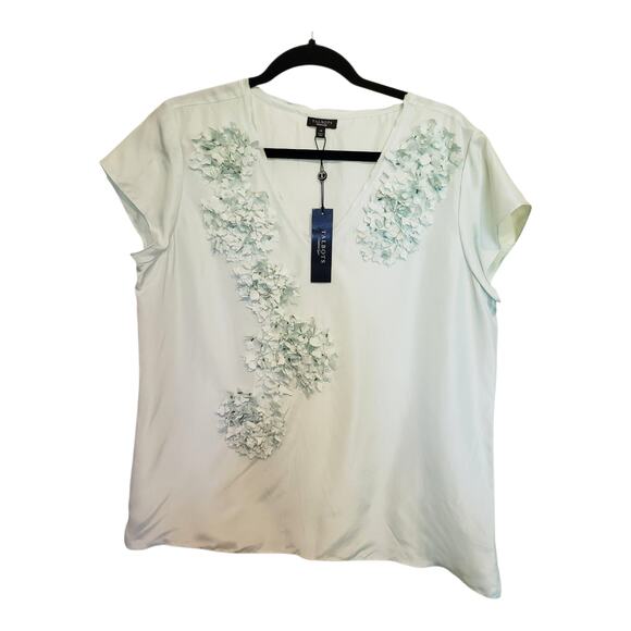 Talbots Light Blue Short Sleeve 100% Silk Blouse 3D Floral Detail Size 14 NWT - Picture 1 of 10